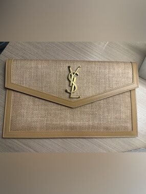 Saint Laurent Beige Raffia Envelope Clutch with Gold YSL Logo